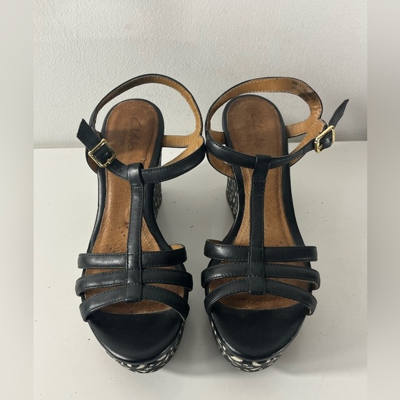 Clarks Women's Amelia Avery Sandal Black White Wedge Heels Womens Size 7 - Picture 2 of 8